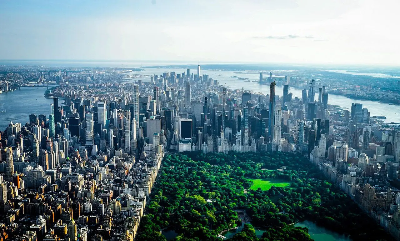 Aerial view of Manhattan skyline and Central Park in New York City, showcasing the urban heart of the United States.