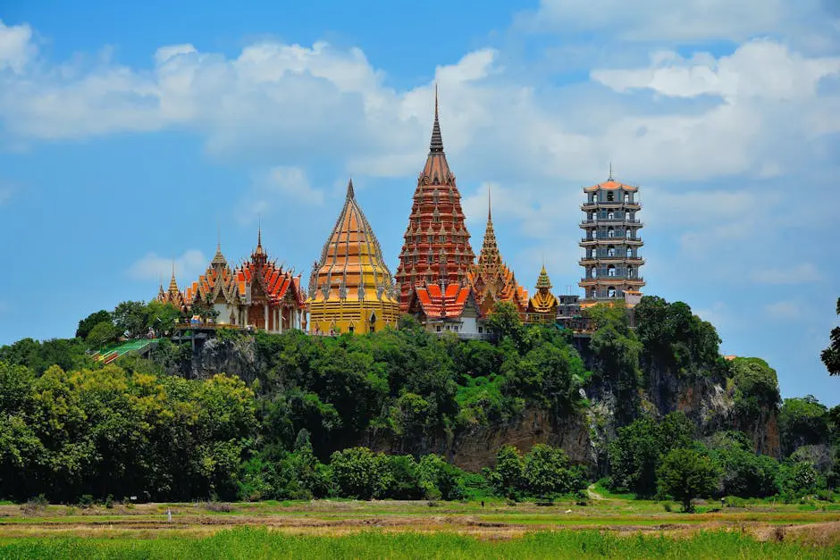 Wat Tham Sua Temple in Kanchanaburi, Thailand, with its ornate spires and lush surroundings, showcasing the country’s rich culture and heritage.