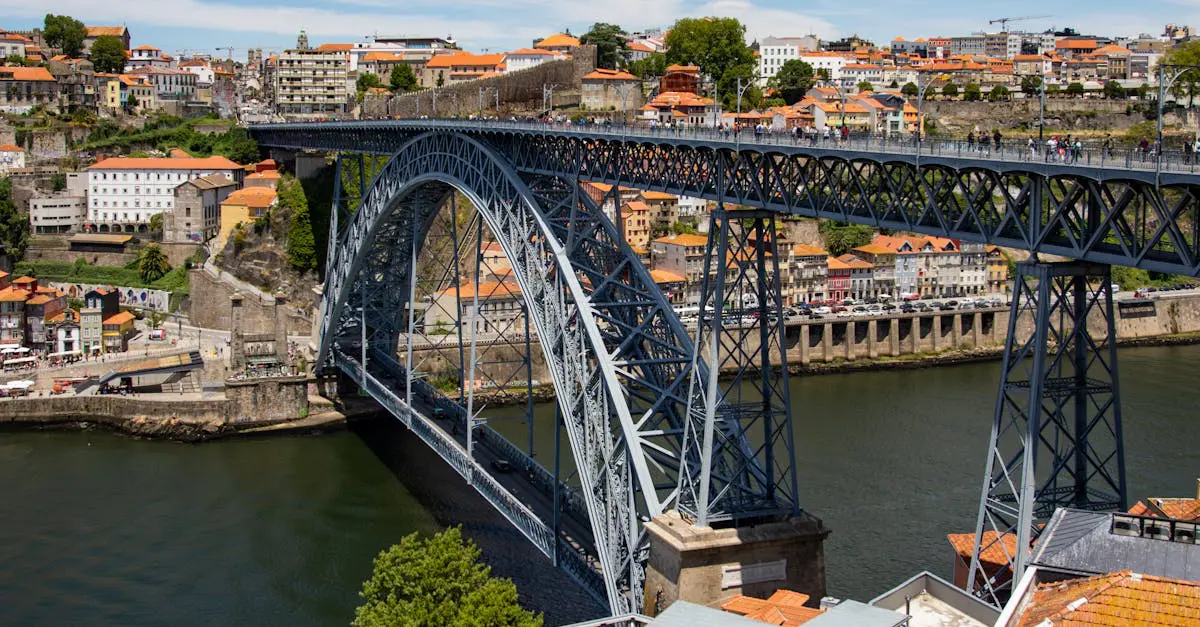 Scenic view of the Dom Luís I Bridge over the Douro River in Porto, Portugal, showcasing historic architecture and cityscape for expats.