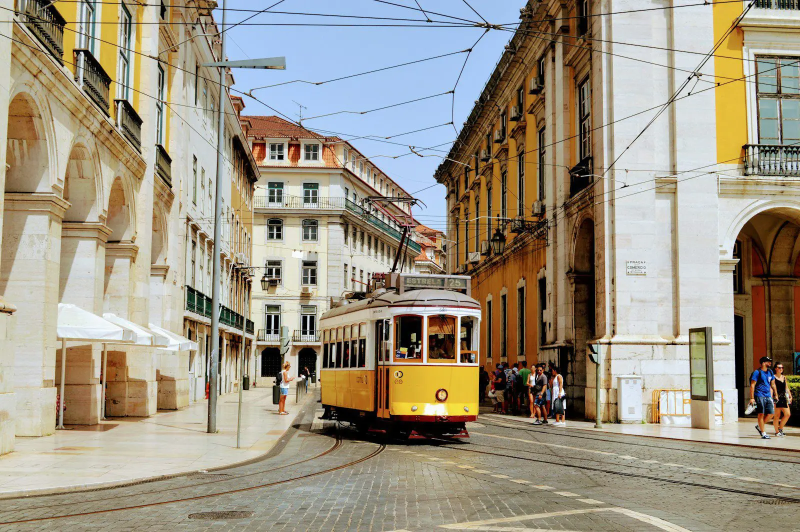 Yellow tram in Lisbon’s historic city center, symbolizing expat life and financial guide for living in Portugal.