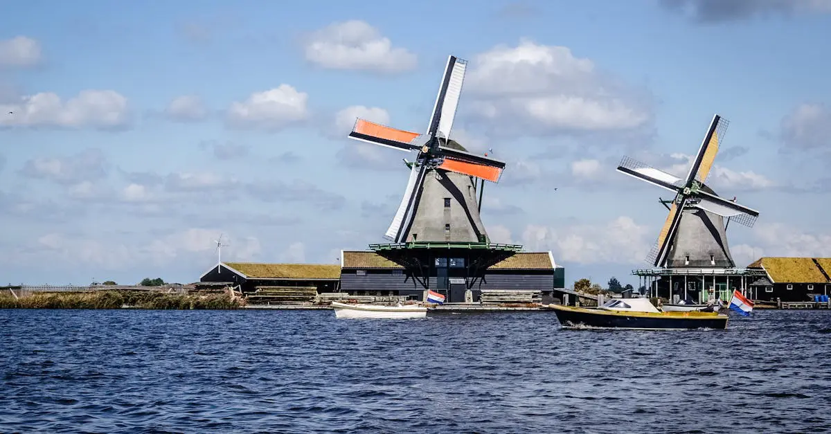 Scenic view of traditional Dutch windmills near water under a blue sky with clouds.