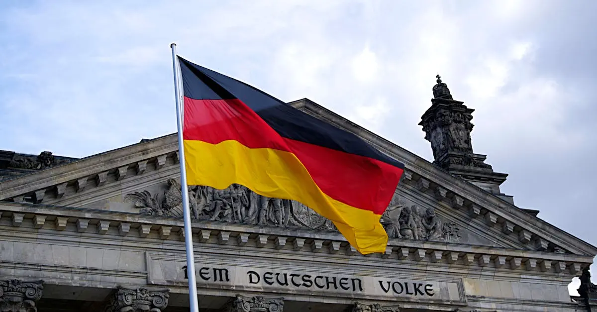 German flag waving in front of Reichstag building in Berlin, symbolizing Germany’s government and expat destination.