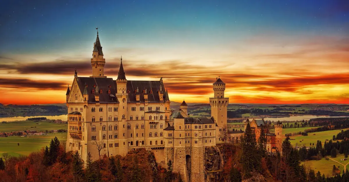 Neuschwanstein Castle in Bavaria, Germany, glowing under a vibrant sunset sky with scenic countryside views.