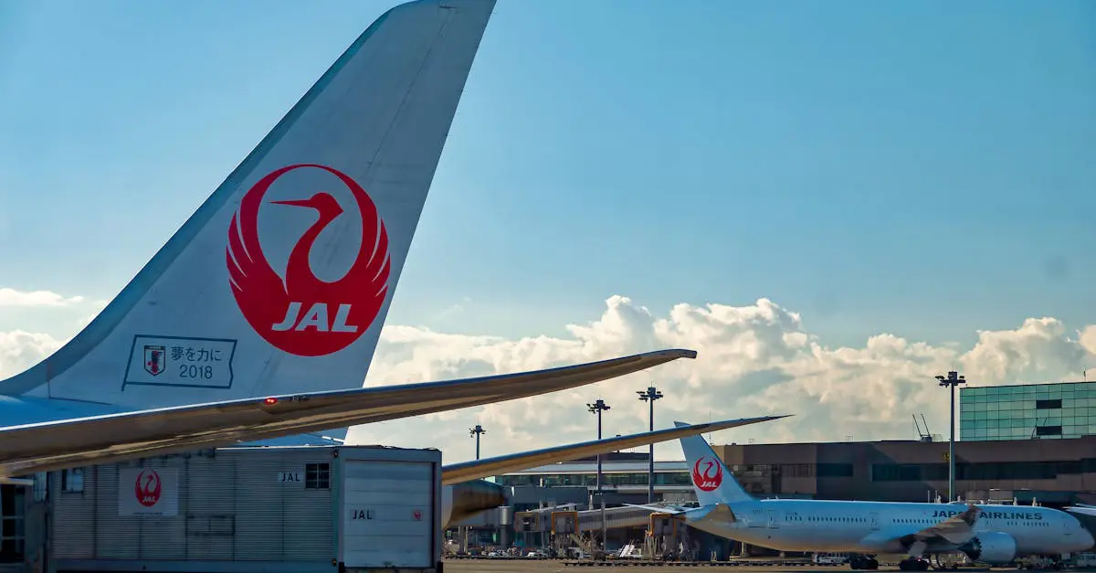 Japan Airlines aircraft parked at Tokyo airport under clear blue skies, highlighting Japan’s global air connectivity.