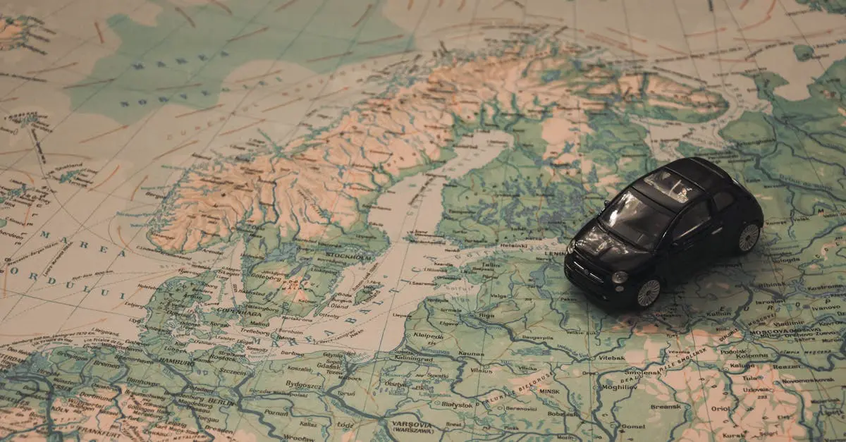 Miniature black car placed on a detailed map of Scandinavia representing travel planning to Sweden and Nordic countries.