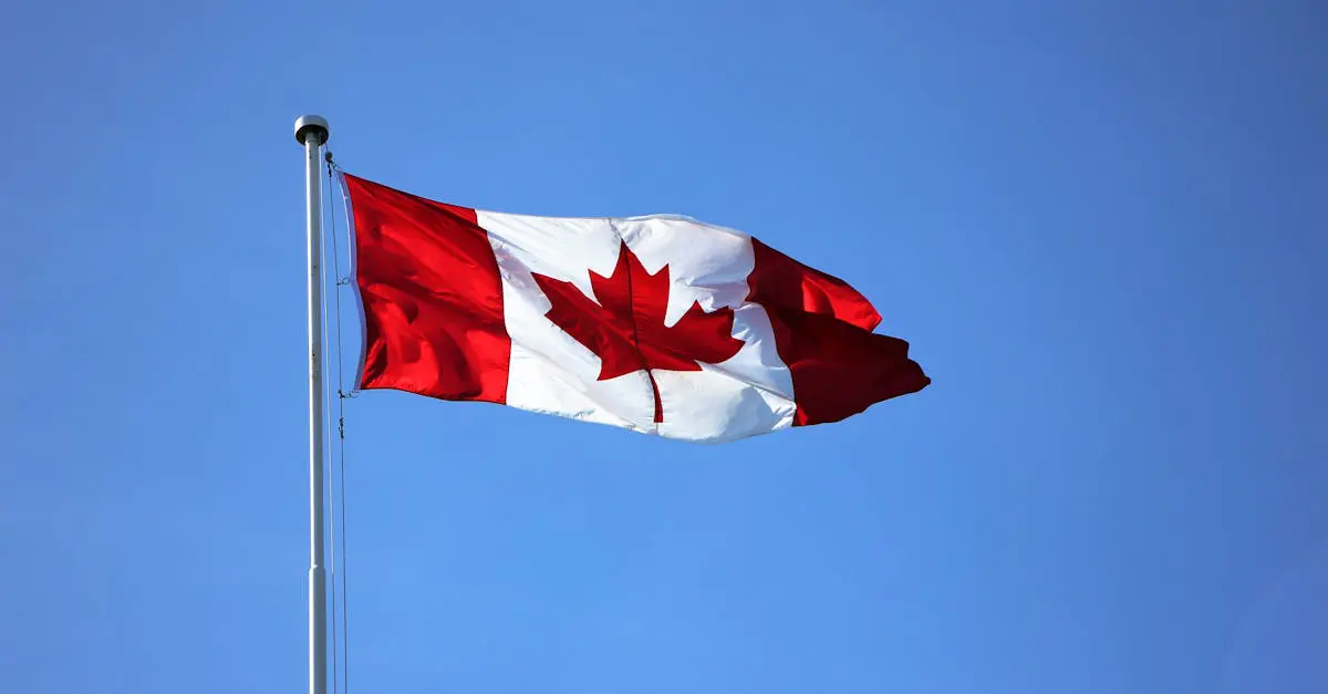 Canadian flag waving proudly against a clear blue sky, symbolizing Canada’s stability and welcoming environment for expats.