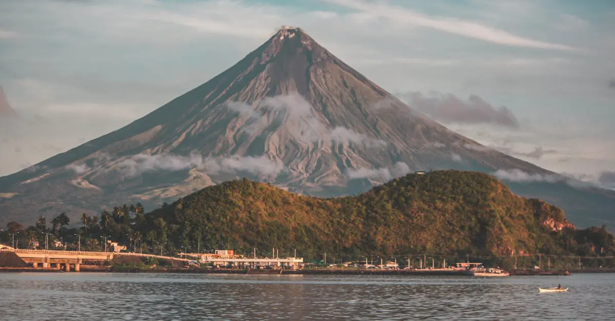 Majestic Mayon Volcano with its perfect cone shape in Legazpi City, a famous landmark and travel destination in the Philippines.