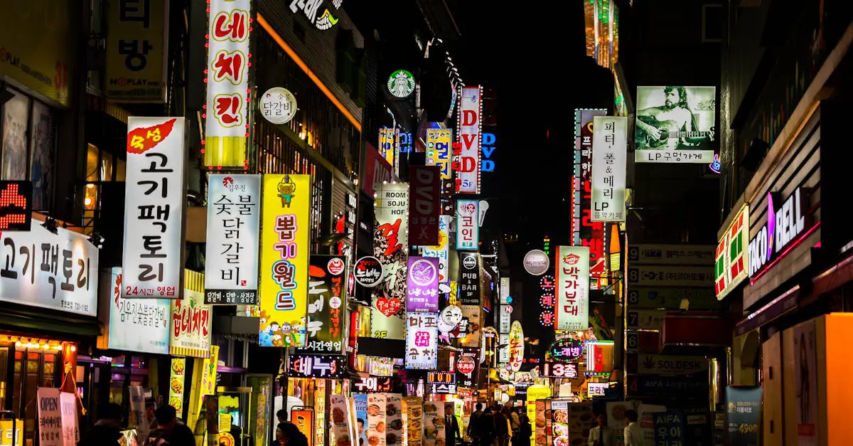 Vibrant neon-lit street in Seoul filled with shops, restaurants, and signs, showcasing South Korea’s lively economy and urban culture.