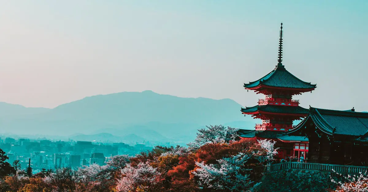 Scenic view of Kiyomizu-dera Temple with cherry blossoms in Kyoto, Japan, capturing traditional Japanese architecture at twilight.