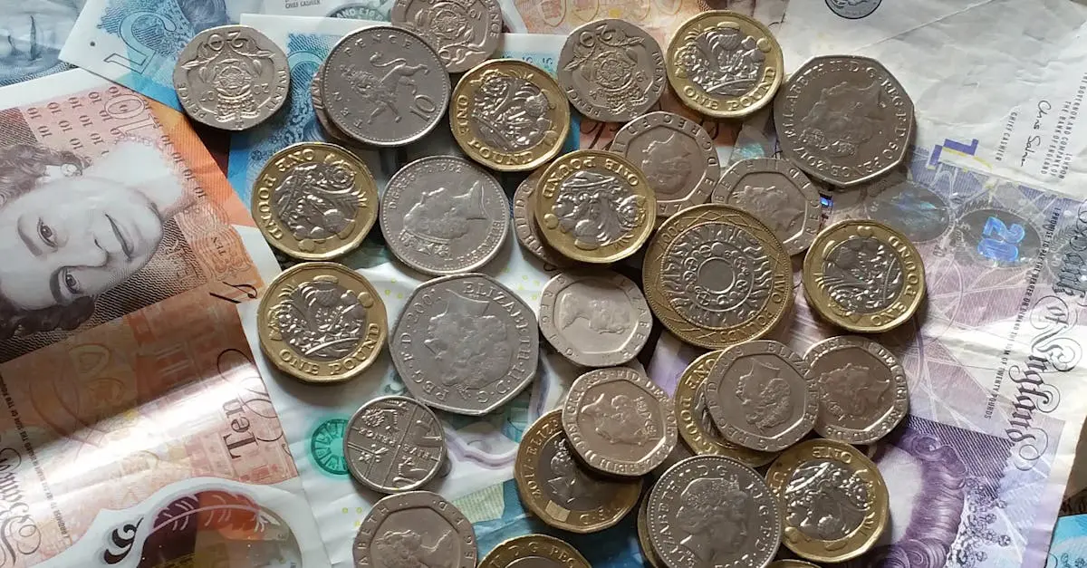 Close-up of British pound coins and banknotes representing UK currency, ideal for expat finance, banking, and investment topics.