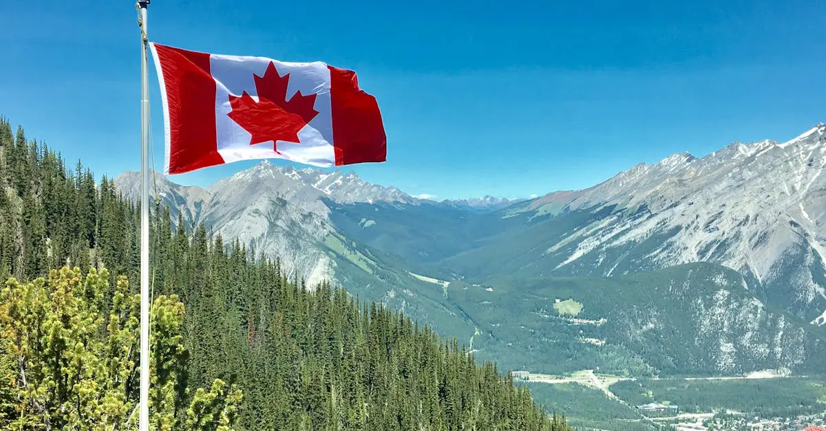 Canadian flag waving over scenic mountain landscape in Banff National Park, symbolizing expat travel and national pride.