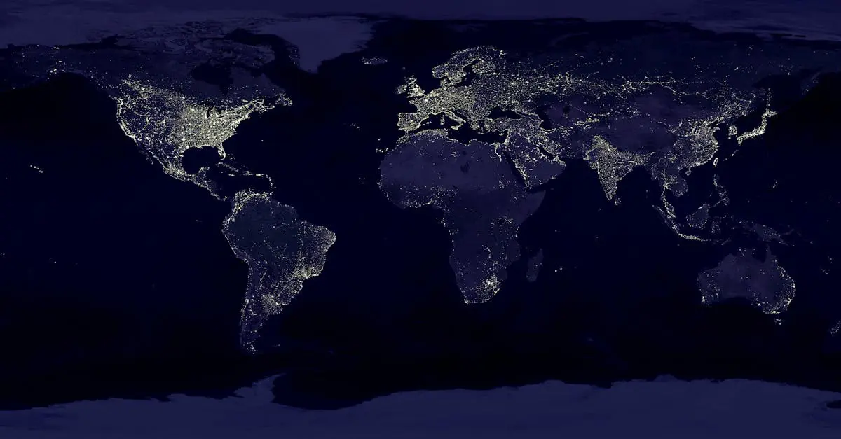 World map at night showing illuminated cities, representing the global reach of international health insurance for expats.