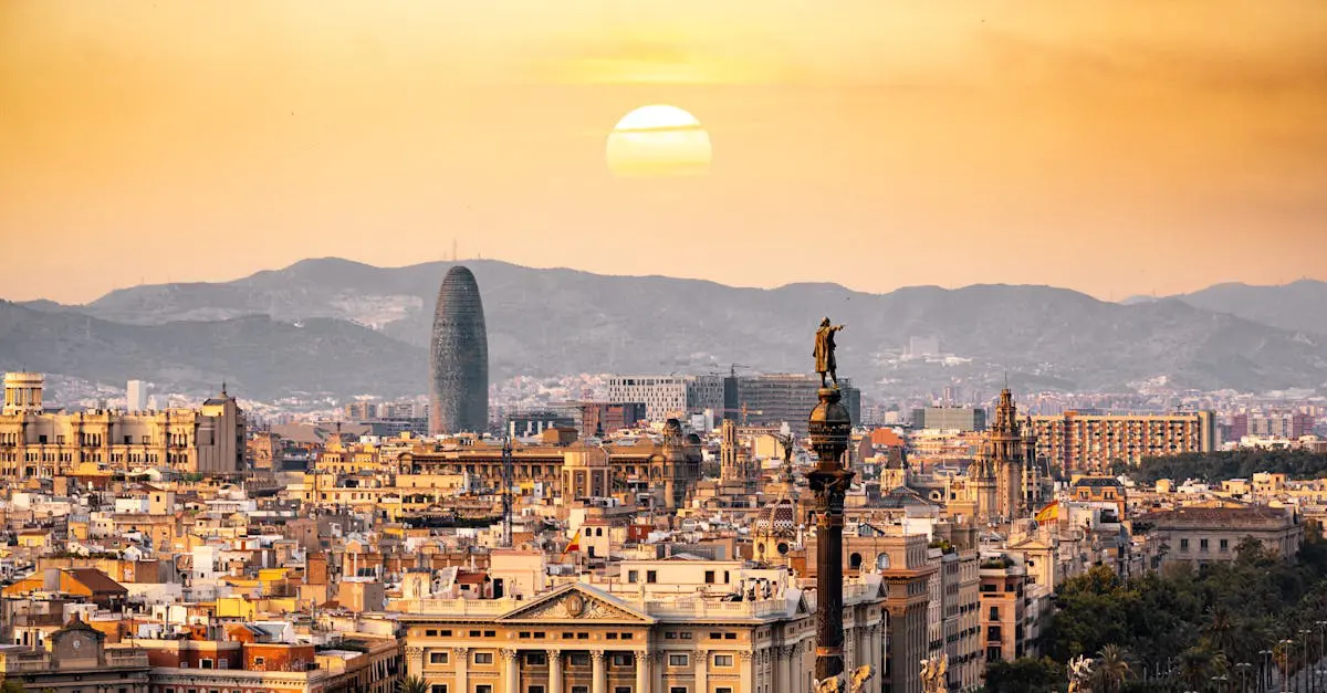 Sunset over Barcelona city skyline with famous landmarks and mountains in the background, representing the vibrant lifestyle for expats moving to Spain.