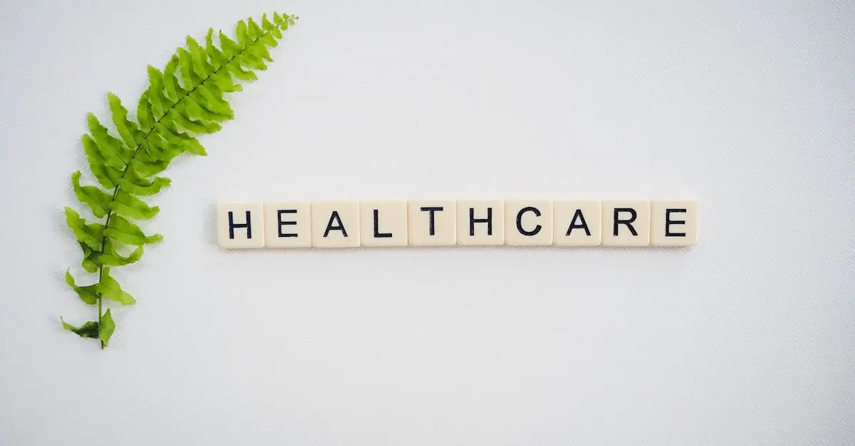 Word ‘Healthcare’ spelled out with letter tiles beside a green leaf, symbolizing global health coverage and wellbeing for expats.