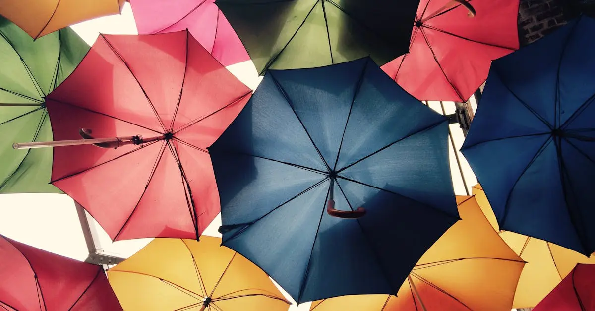 Colorful umbrellas hanging overhead, symbolizing travel protection and coverage for expats under international health insurance.