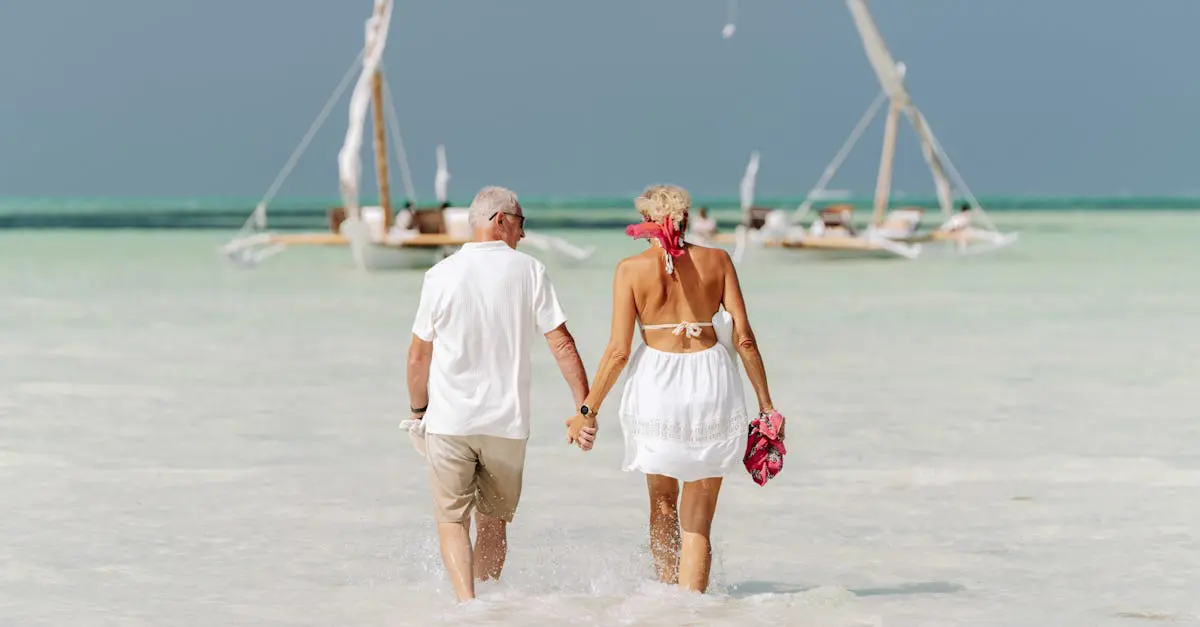 Retired couple walking hand in hand along a tropical beach, enjoying expat life abroad with peace of mind from international health insurance.