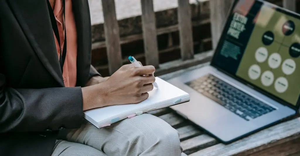 Expat planning their move abroad, taking notes beside a laptop with a relocation checklist.