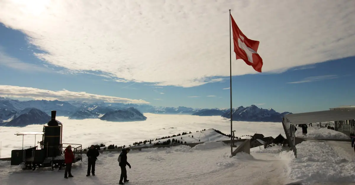 Panoramic view of snowy Swiss mountains with the Swiss flag flying high, symbolizing healthy expat living in Switzerland.
