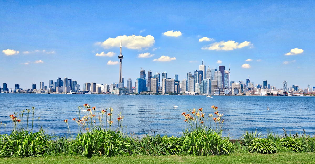 Scenic view of Toronto skyline with CN Tower against a clear blue sky, seen from across the waterfront.
